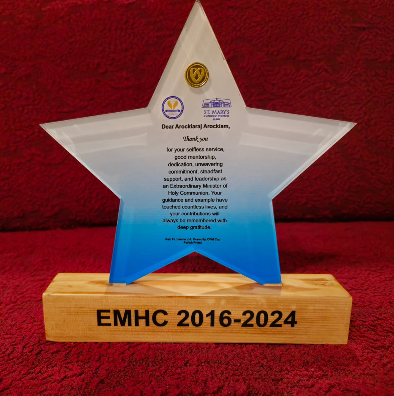 EMHC 2016–2024 appreciation award from St. Mary's Catholic Church